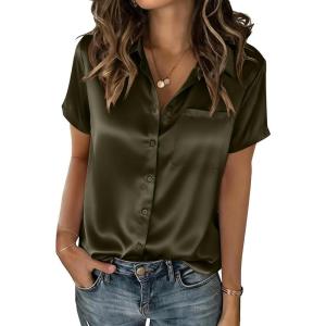 Zeagoo Satin Blouses for Women Silk Button Down Shirts Short Sleeve Business Casual Tops(Army Green)