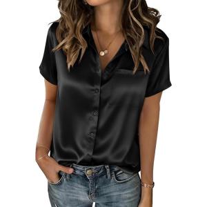 Zeagoo Satin Blouses for Women Silk Button Down Shirts Short Sleeve Business Casual Tops(Black)
