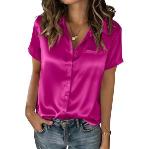 Zeagoo Satin Blouses for Women Silk Button Down Shirts Short Sleeve Business Casual Tops(Hot Pink)