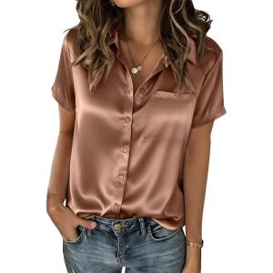 Zeagoo Satin Blouses for Women Silk Button Down Shirts Short Sleeve Business Casual Tops(Toffee)