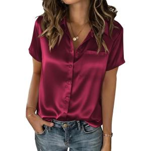 Zeagoo Satin Blouses for Women Silk Button Down Shirts Short Sleeve Business Casual Tops(Wine Red)