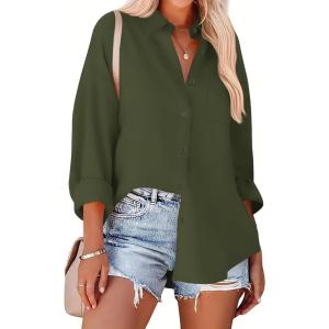 Zeagoo Womens Button Down Shirts Oversized Long Sleeve Floral Printed Blouses Casual Work Tops Drop Shoulder Outfit Clothes(B-army Green)