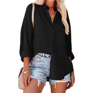 Zeagoo Womens Button Down Shirts Oversized Long Sleeve Floral Printed Blouses Casual Work Tops Drop Shoulder Outfit Clothes(B-black)
