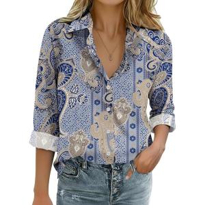 Zeagoo Womens Cotton Linen Button Down Shirts Loose Fit Long Sleeve Collared Blouse Casual V Neck Tops Outfits S-3XL(Mz919)