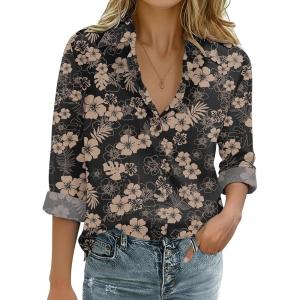 Zeagoo Womens Cotton Linen Button Down Shirts Loose Fit Long Sleeve Collared Blouse Casual V Neck Tops Outfits S-3XL(Sf209)