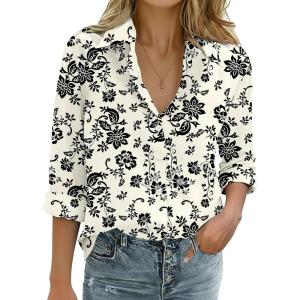 Zeagoo Womens Cotton Linen Button Down Shirts Loose Fit Long Sleeve Collared Blouse Casual V Neck Tops Outfits S-3XL(Sf335)