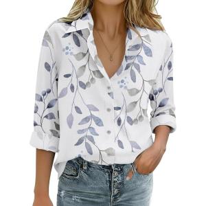 Zeagoo Womens Cotton Linen Button Down Shirts Loose Fit Long Sleeve Collared Blouse Casual V Neck Tops Outfits S-3XL(Sp106)