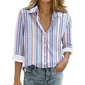 Zeagoo Womens Cotton Linen Button Down Shirts Loose Fit Long Sleeve Collared Blouse Casual V Neck Tops Outfits S-3XL(Tz267)