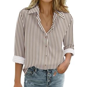 Zeagoo Womens Cotton Linen Button Down Shirts Loose Fit Long Sleeve Collared Blouse Casual V Neck Tops Outfits S-3XL(Tz314)