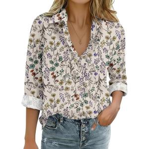 Zeagoo Womens Cotton Linen Button Down Shirts Loose Fit Long Sleeve Collared Blouse Casual V Neck Tops Outfits S-3XL(Xh397)