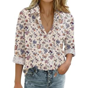 Zeagoo Womens Cotton Linen Button Down Shirts Loose Fit Long Sleeve Collared Blouse Casual V Neck Tops Outfits S-3XL(Xh51)