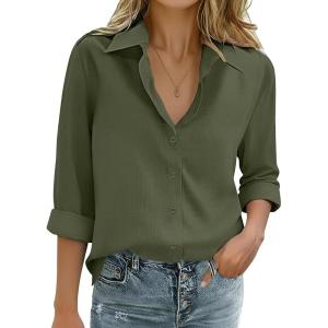 Zeagoo Womens Cotton Linen Button Down Shirts Loose Fit Long Sleeve Collared Blouse Casual V Neck Tops Outfits S-3XL(Z-army Green)
