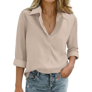Zeagoo Womens Cotton Linen Button Down Shirts Loose Fit Long Sleeve Collared Blouse Casual V Neck Tops Outfits S-3XL(Z-champagne)