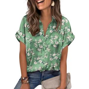 Zeagoo Womens Satin Blouse Short Sleeve Silk Tops Button Down Shirts Business Casual Outfits(Green Floral)