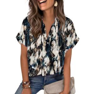 Zeagoo Womens Satin Blouse Short Sleeve Silk Tops Button Down Shirts Business Casual Outfits(Tie Dye Navy)