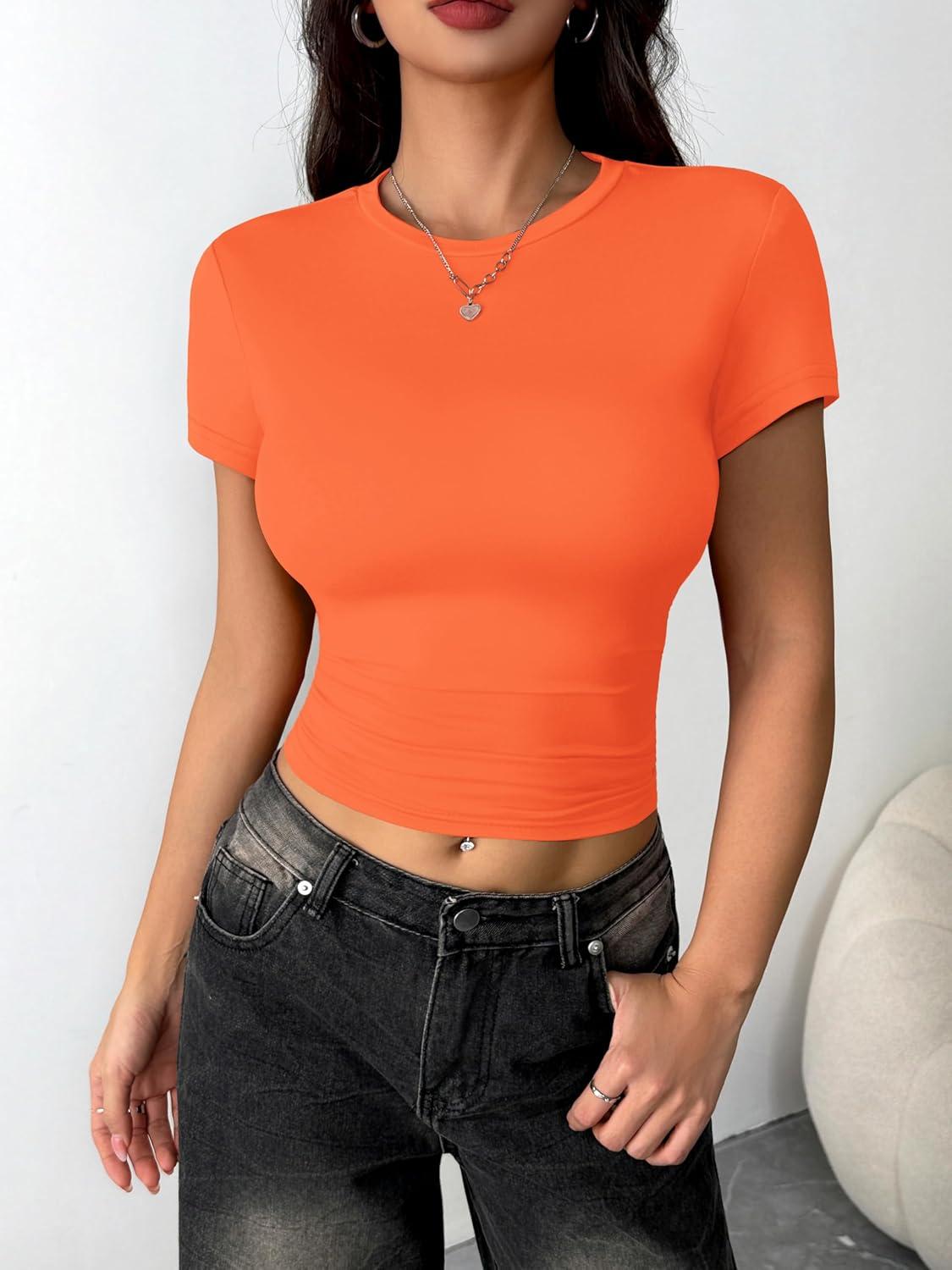 imageZeagoo Women Crewneck Slim Fitted Short Sleeve T Shirts Cute Stretchy Bodycon Basic Tee TopsOrange