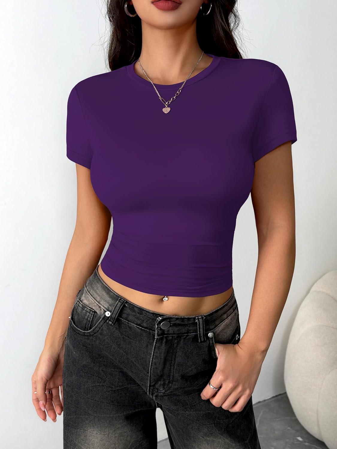 imageZeagoo Women Crewneck Slim Fitted Short Sleeve T Shirts Cute Stretchy Bodycon Basic Tee TopsPurple