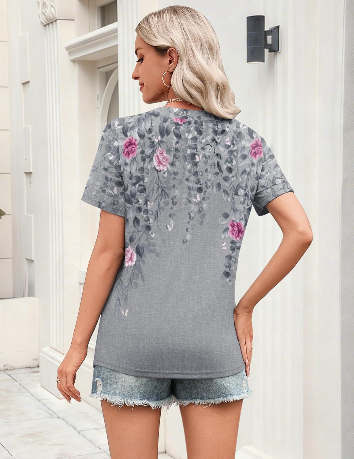 imageZeagoo Womens Tops Short Sleeve V Neck Tee Shirts Cute Dressy Casual Clothing Business Work BlouseGrey Flower Hf36
