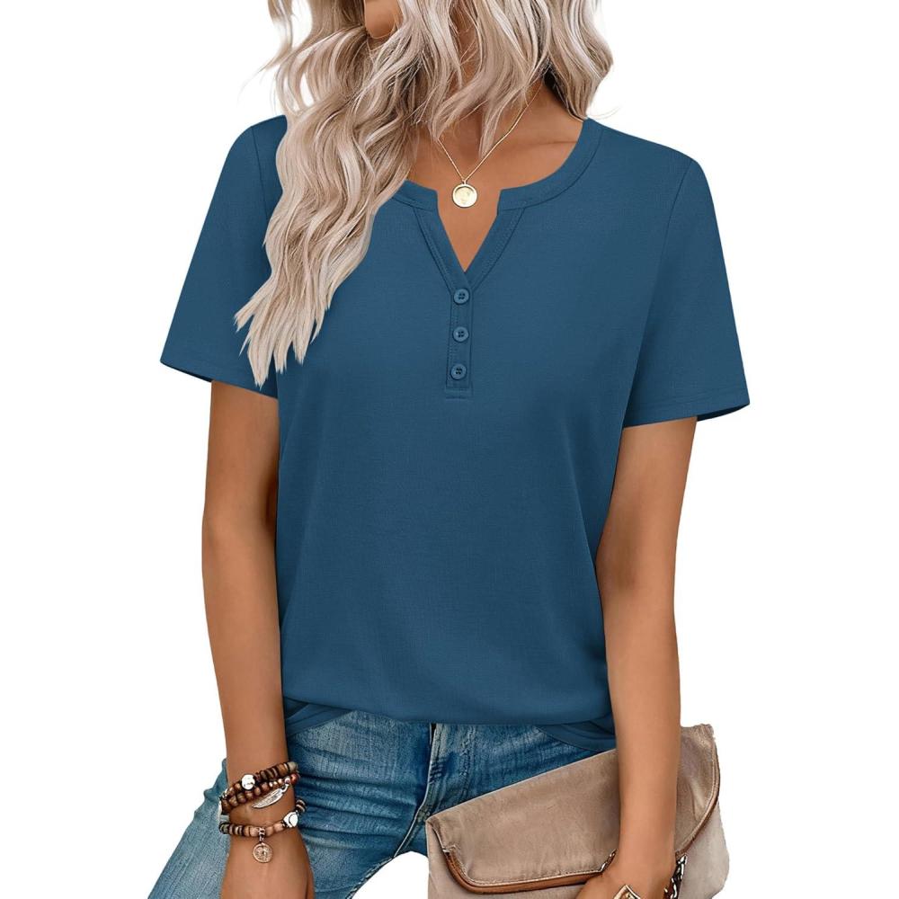 imageZeagoo Womens Summer Tops V Neck Short Sleeve Shirts Dressy Casual Blouse Spring Vacation Tshirts ClothesDark Blue