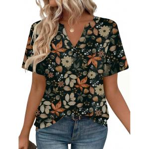 Zeagoo Womens Tops Short Sleeve V Neck Tee Shirts Cute Dressy Casual Clothing Business Work Blouse(Maple Leaf Wf157)