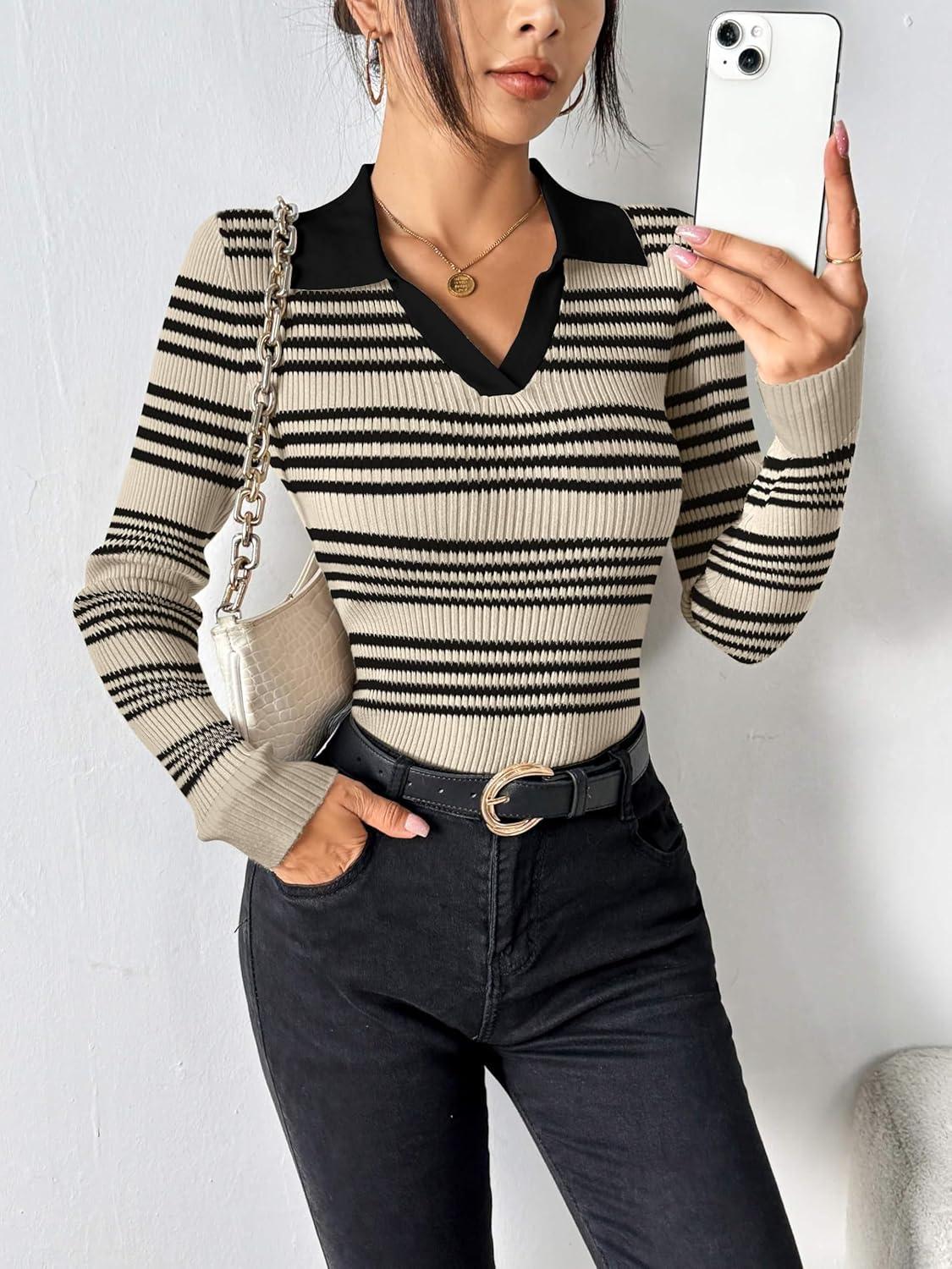 imageZeagoo Womens 2026 Sweater Tops Long Sleeve V Neck Ribbed Knit Slim Fitted Casual Work Basic Shirts SXXLBeige Black Stripe