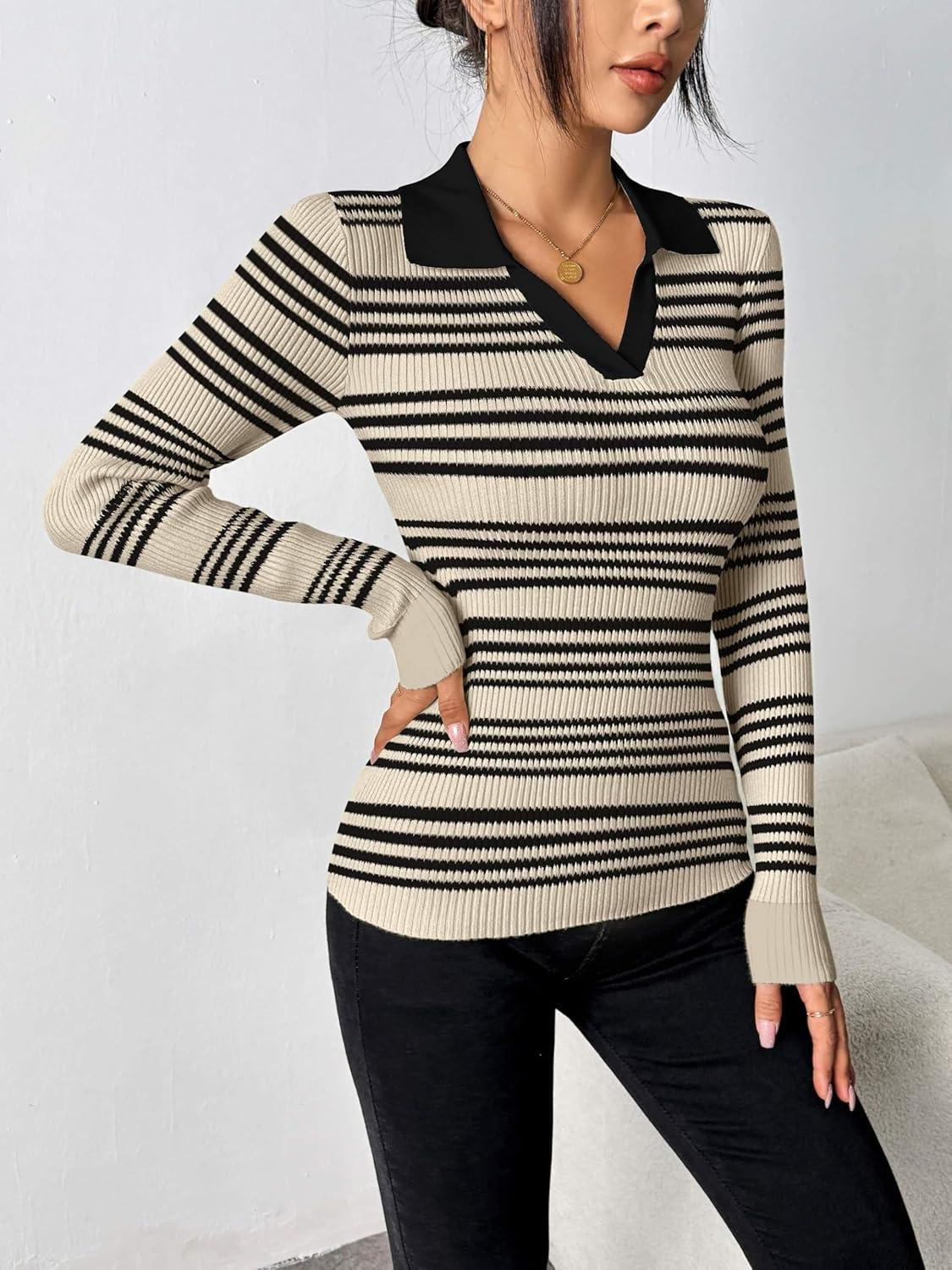 imageZeagoo Womens 2026 Sweater Tops Long Sleeve V Neck Ribbed Knit Slim Fitted Casual Work Basic Shirts SXXLBeige Black Stripe