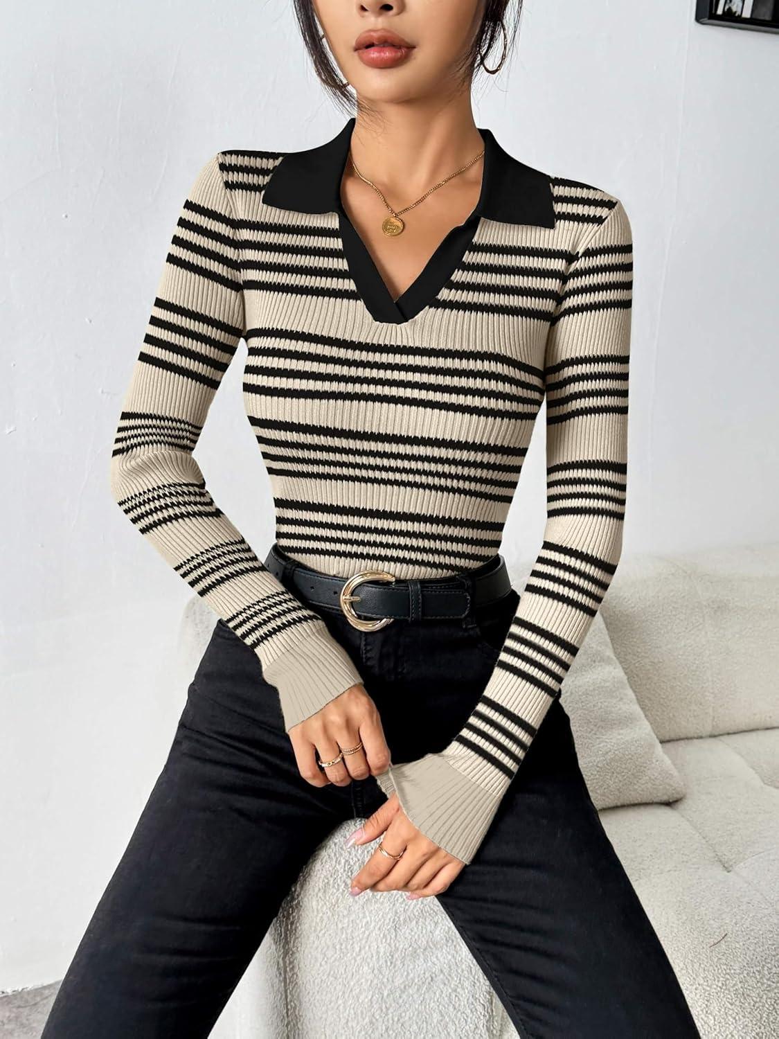 imageZeagoo Womens 2026 Sweater Tops Long Sleeve V Neck Ribbed Knit Slim Fitted Casual Work Basic Shirts SXXLBeige Black Stripe