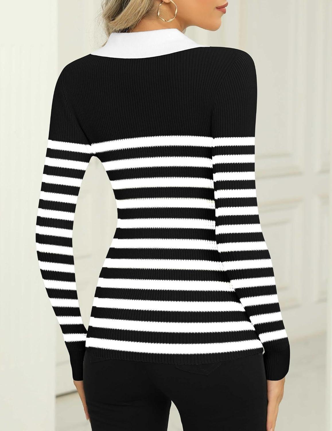 imageZeagoo Womens 2026 Sweater Tops Long Sleeve V Neck Ribbed Knit Slim Fitted Casual Work Basic Shirts SXXLBlack White Stripe