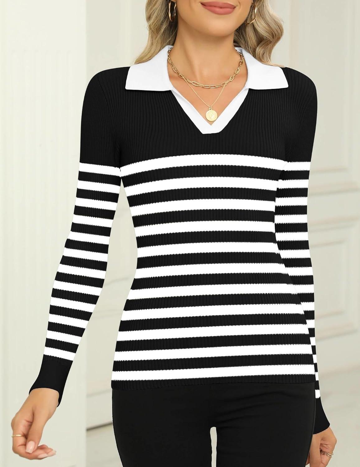 imageZeagoo Womens 2026 Sweater Tops Long Sleeve V Neck Ribbed Knit Slim Fitted Casual Work Basic Shirts SXXLBlack White Stripe