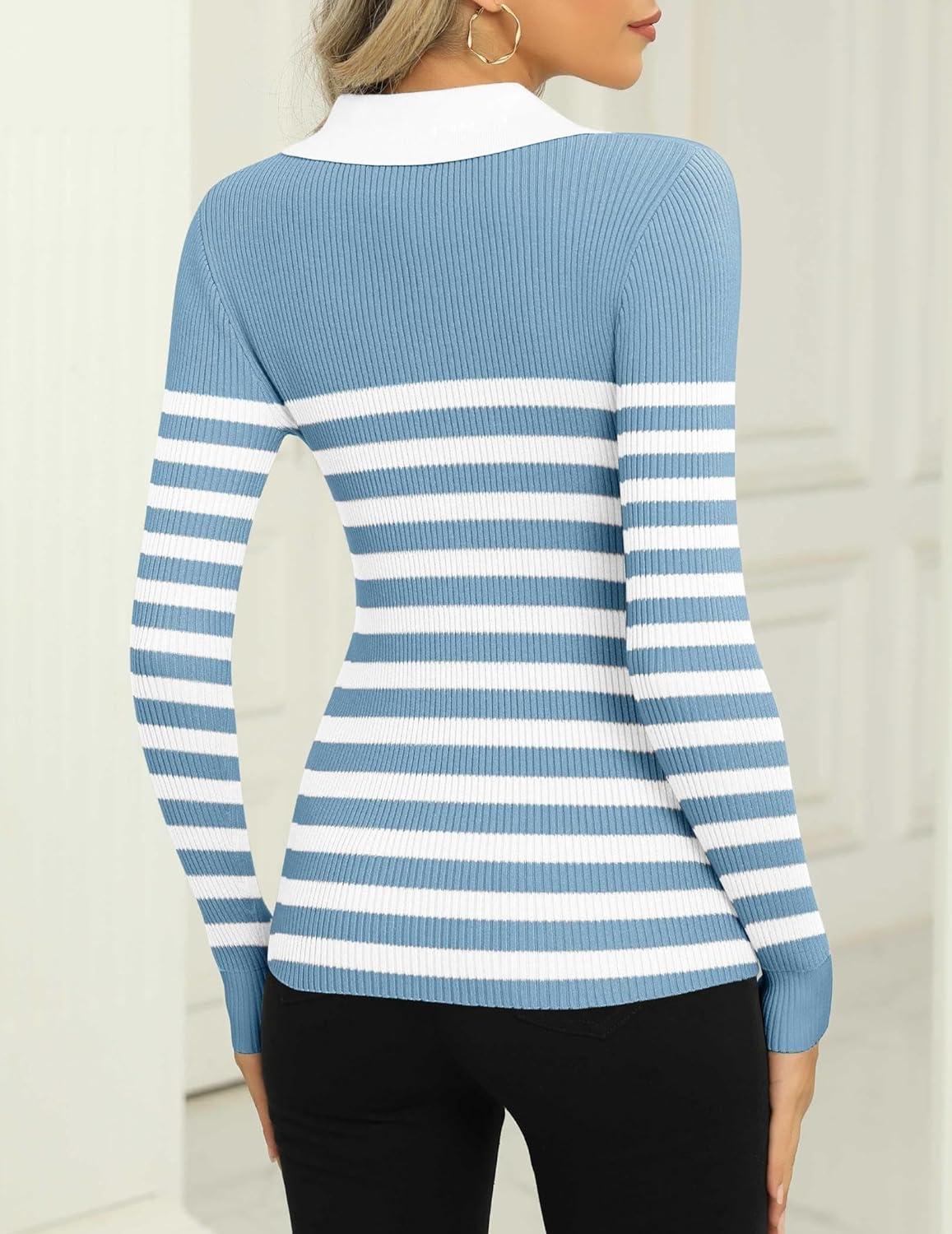 imageZeagoo Womens 2026 Sweater Tops Long Sleeve V Neck Ribbed Knit Slim Fitted Casual Work Basic Shirts SXXLBlue White Stripe