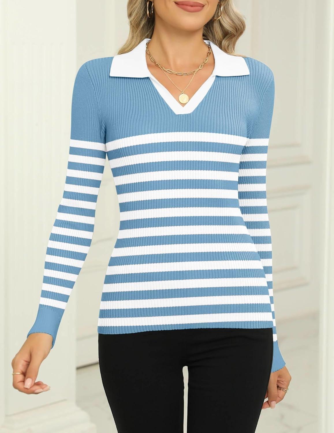 imageZeagoo Womens 2026 Sweater Tops Long Sleeve V Neck Ribbed Knit Slim Fitted Casual Work Basic Shirts SXXLBlue White Stripe