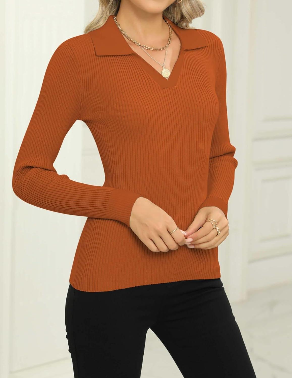 imageZeagoo Womens 2026 Sweater Tops Long Sleeve V Neck Ribbed Knit Slim Fitted Casual Work Basic Shirts SXXLCaramel