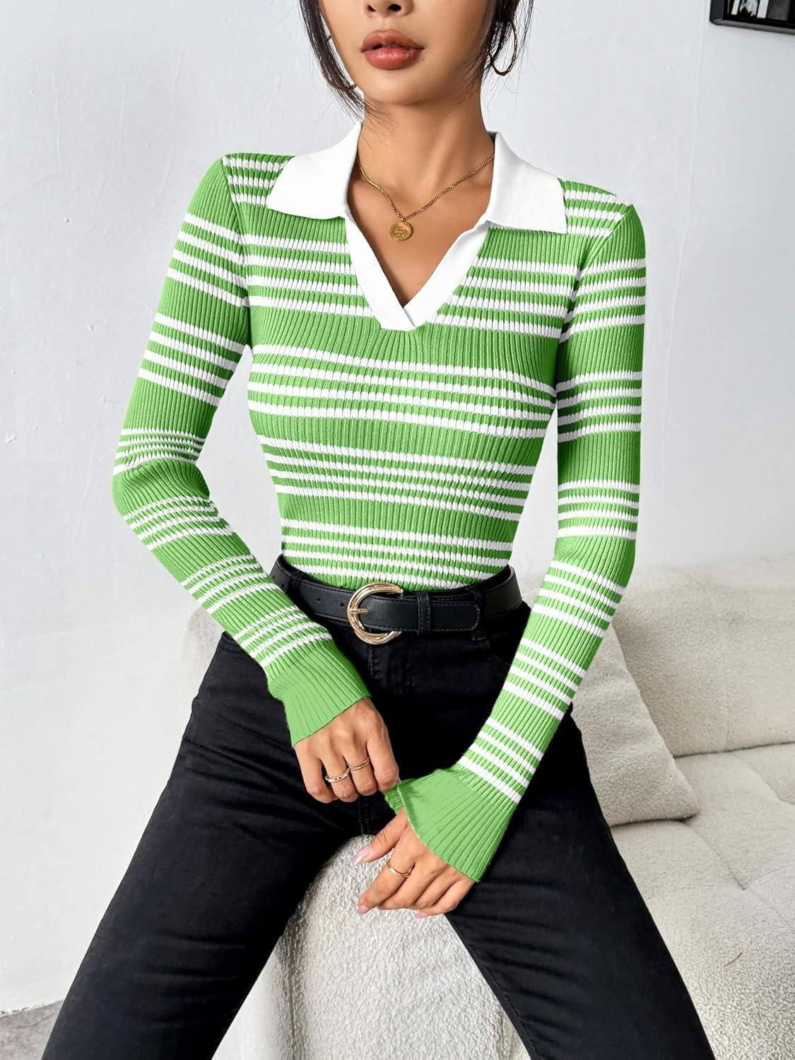 imageZeagoo Womens 2026 Sweater Tops Long Sleeve V Neck Ribbed Knit Slim Fitted Casual Work Basic Shirts SXXLGreen White Stripe