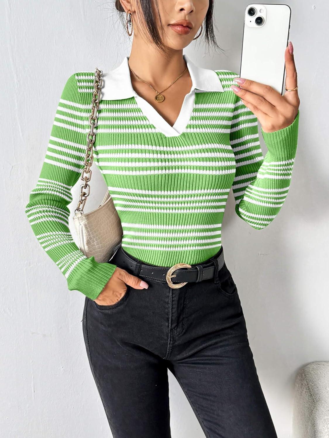 imageZeagoo Womens 2026 Sweater Tops Long Sleeve V Neck Ribbed Knit Slim Fitted Casual Work Basic Shirts SXXLGreen White Stripe