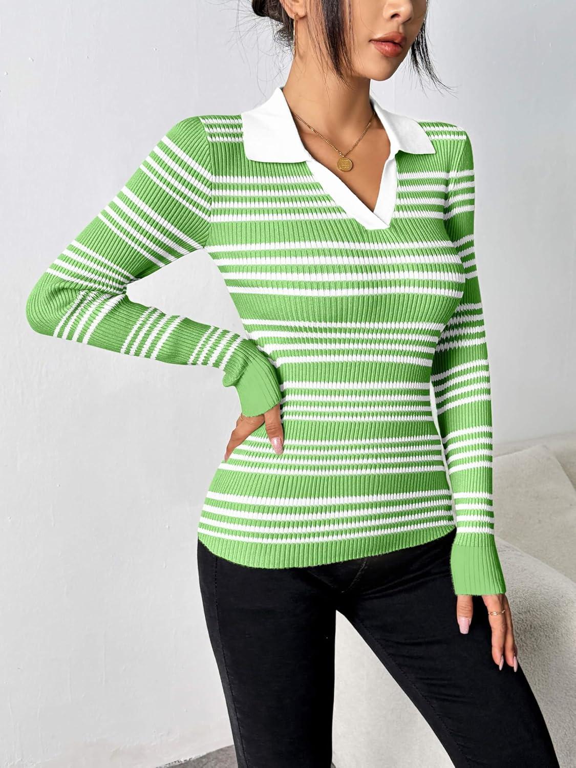 imageZeagoo Womens 2026 Sweater Tops Long Sleeve V Neck Ribbed Knit Slim Fitted Casual Work Basic Shirts SXXLGreen White Stripe