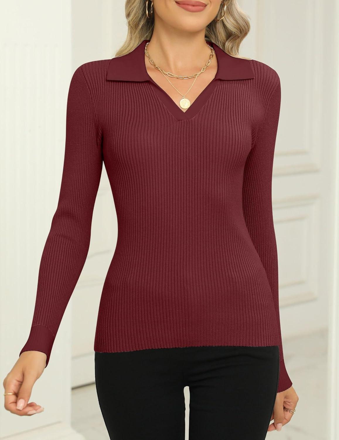 imageZeagoo Womens 2026 Sweater Tops Long Sleeve V Neck Ribbed Knit Slim Fitted Casual Work Basic Shirts SXXLRed