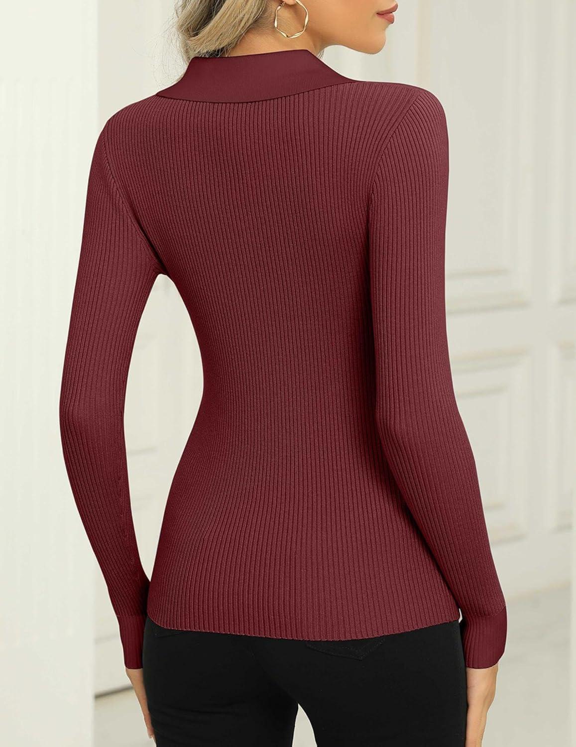 imageZeagoo Womens 2026 Sweater Tops Long Sleeve V Neck Ribbed Knit Slim Fitted Casual Work Basic Shirts SXXLRed