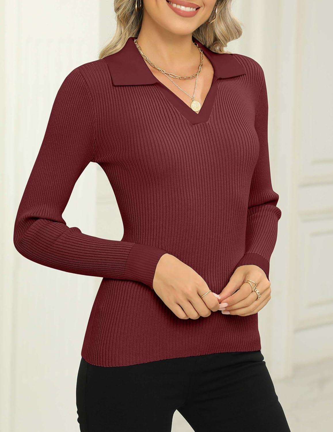 imageZeagoo Womens 2026 Sweater Tops Long Sleeve V Neck Ribbed Knit Slim Fitted Casual Work Basic Shirts SXXLRed