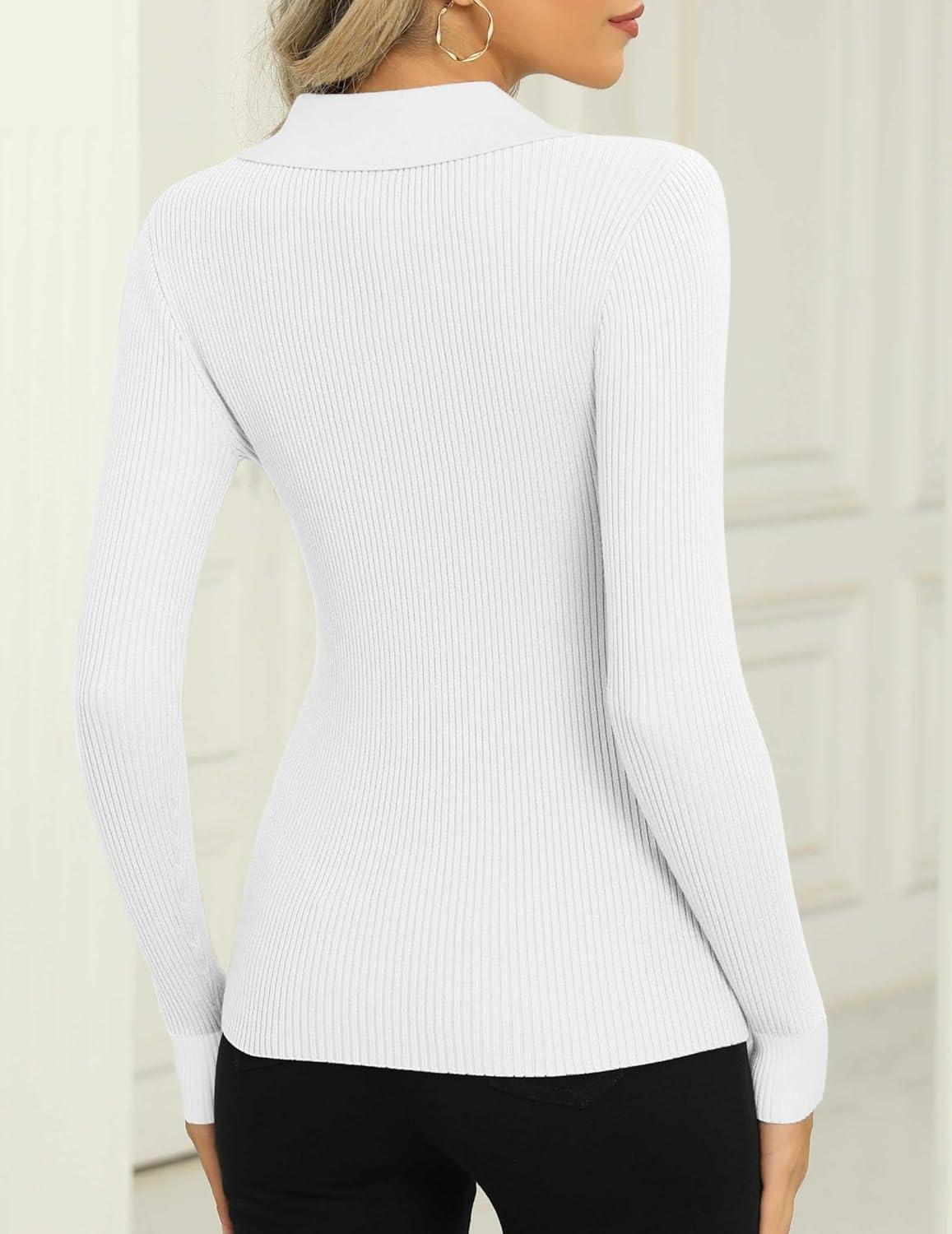 imageZeagoo Womens 2026 Sweater Tops Long Sleeve V Neck Ribbed Knit Slim Fitted Casual Work Basic Shirts SXXLWhite