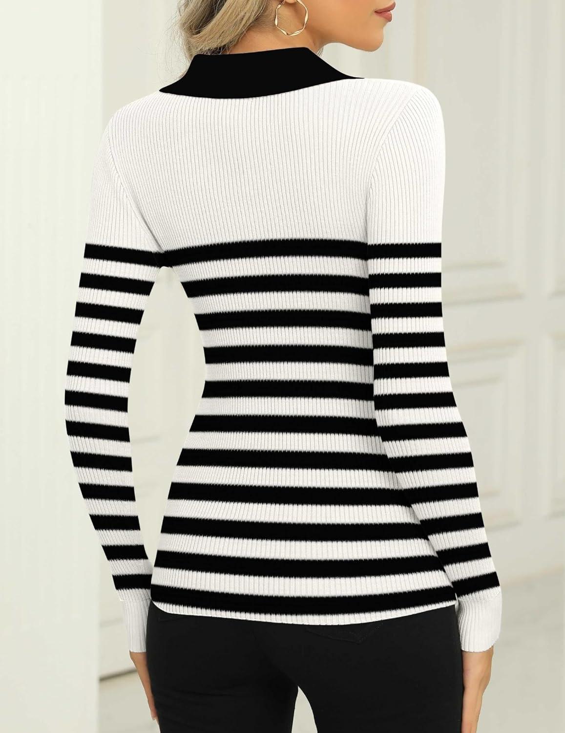 imageZeagoo Womens 2026 Sweater Tops Long Sleeve V Neck Ribbed Knit Slim Fitted Casual Work Basic Shirts SXXLWhite Black Stripe