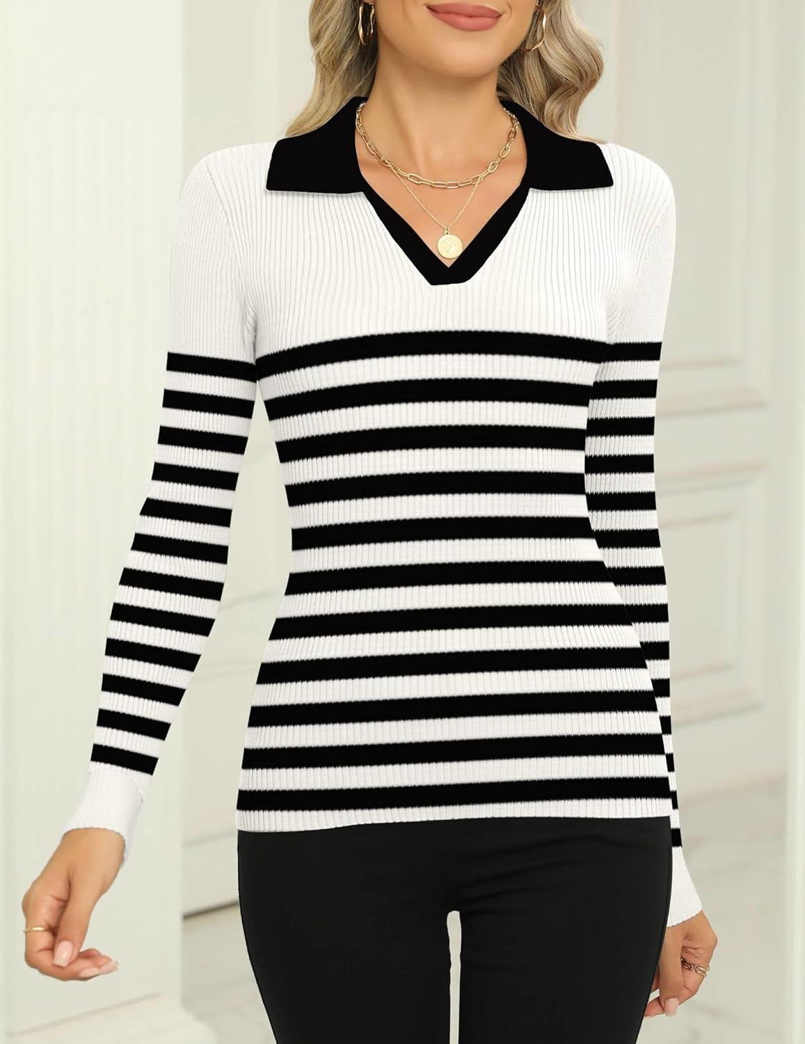 imageZeagoo Womens 2026 Sweater Tops Long Sleeve V Neck Ribbed Knit Slim Fitted Casual Work Basic Shirts SXXLWhite Black Stripe