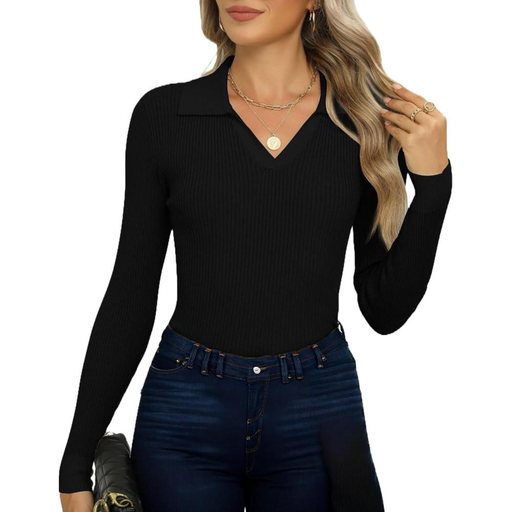 imageZeagoo Womens 2026 Sweater Tops Long Sleeve V Neck Ribbed Knit Slim Fitted Casual Work Basic Shirts SXXLBlack