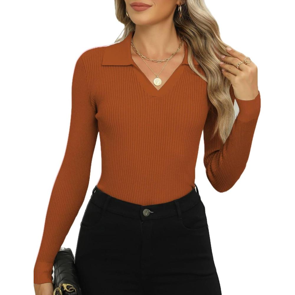 imageZeagoo Womens 2026 Sweater Tops Long Sleeve V Neck Ribbed Knit Slim Fitted Casual Work Basic Shirts SXXLCaramel