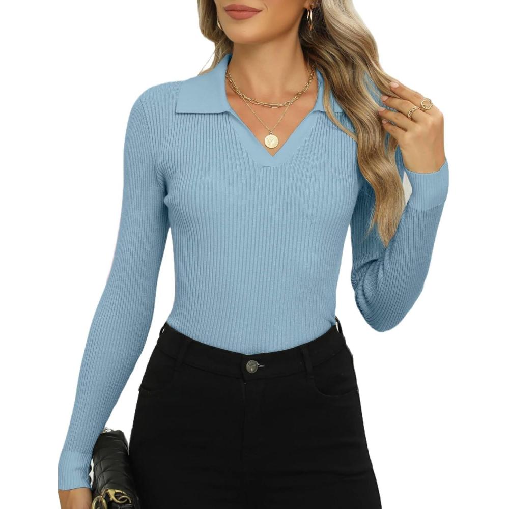 imageZeagoo Womens 2026 Sweater Tops Long Sleeve V Neck Ribbed Knit Slim Fitted Casual Work Basic Shirts SXXLClear Blue