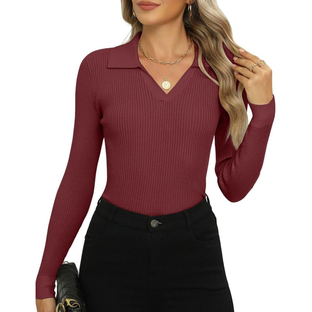 imageZeagoo Womens 2026 Sweater Tops Long Sleeve V Neck Ribbed Knit Slim Fitted Casual Work Basic Shirts SXXLRed