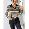 Zeagoo Womens 2026 Sweater Tops Long Sleeve V Neck Ribbed Knit Slim Fitted Casual Work Basic Shirts S-XXL(Beige Black Stripe)