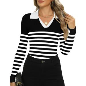 Zeagoo Womens 2026 Sweater Tops Long Sleeve V Neck Ribbed Knit Slim Fitted Casual Work Basic Shirts S-XXL(Black White Stripe)