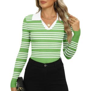 Zeagoo Womens 2026 Sweater Tops Long Sleeve V Neck Ribbed Knit Slim Fitted Casual Work Basic Shirts S-XXL(Green White Stripe)