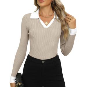 Zeagoo Womens 2026 Sweater Tops Long Sleeve V Neck Ribbed Knit Slim Fitted Casual Work Basic Shirts S-XXL(Pat3)