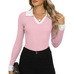Zeagoo Womens 2026 Sweater Tops Long Sleeve V Neck Ribbed Knit Slim Fitted Casual Work Basic Shirts S-XXL(Pat5)